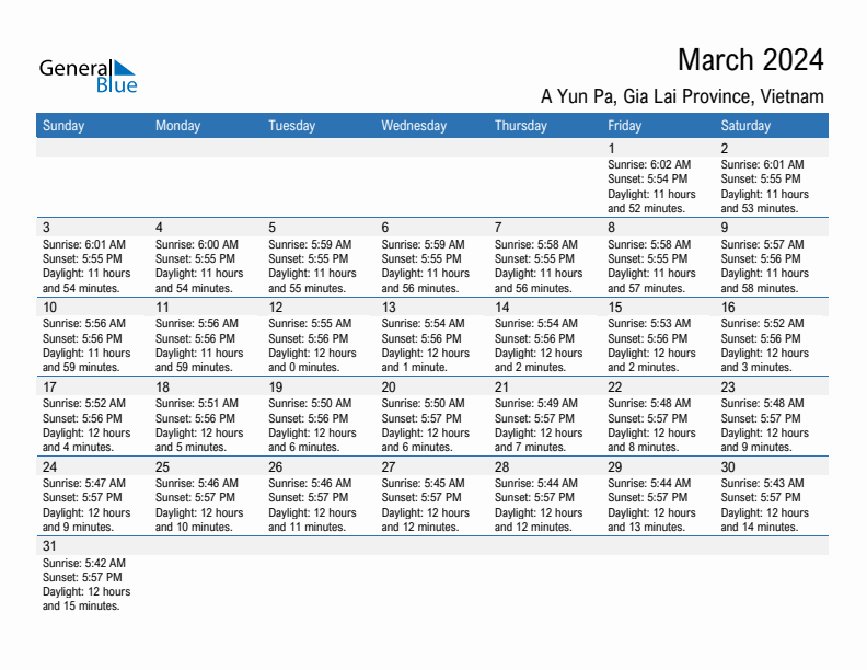 A Yun Pa March 2024 sunrise and sunset calendar in PDF, Excel, and Word