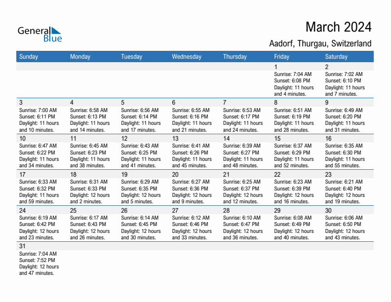 Aadorf March 2024 sunrise and sunset calendar in PDF, Excel, and Word