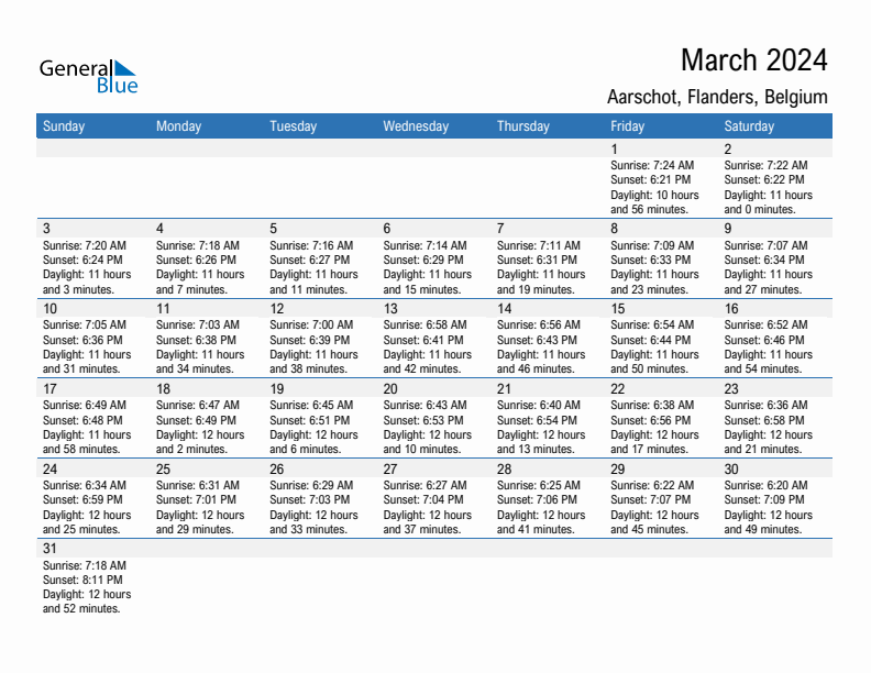 Aarschot March 2024 sunrise and sunset calendar in PDF, Excel, and Word