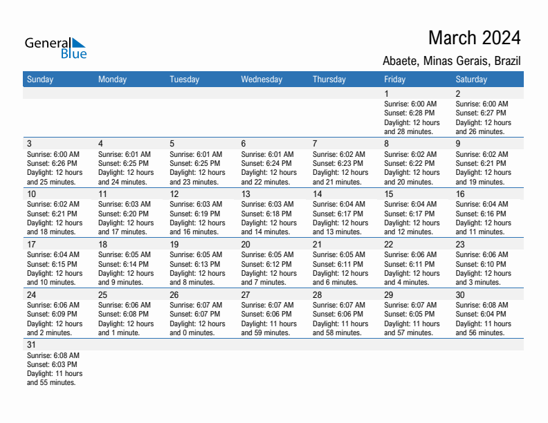 Abaete March 2024 sunrise and sunset calendar in PDF, Excel, and Word