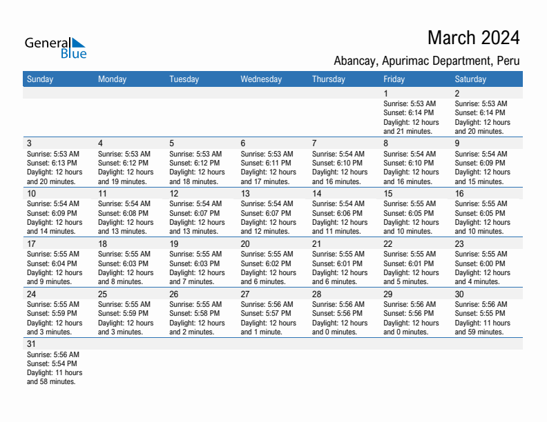 Abancay March 2024 sunrise and sunset calendar in PDF, Excel, and Word