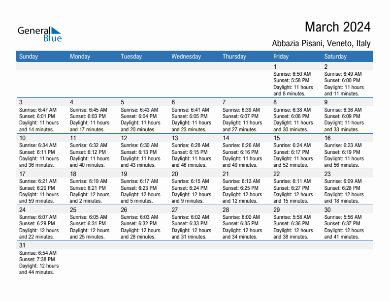 Abbazia Pisani March 2024 sunrise and sunset calendar in PDF, Excel, and Word