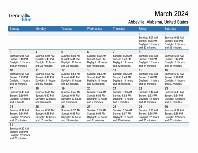 Abbeville March 2024 sunrise and sunset calendar in PDF, Excel, and Word