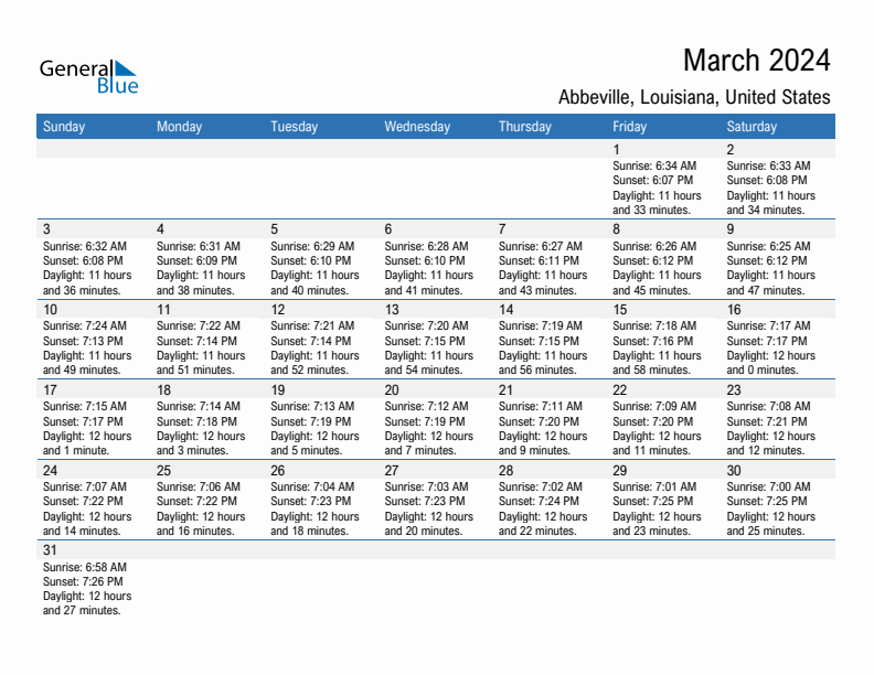 Abbeville March 2024 sunrise and sunset calendar in PDF, Excel, and Word