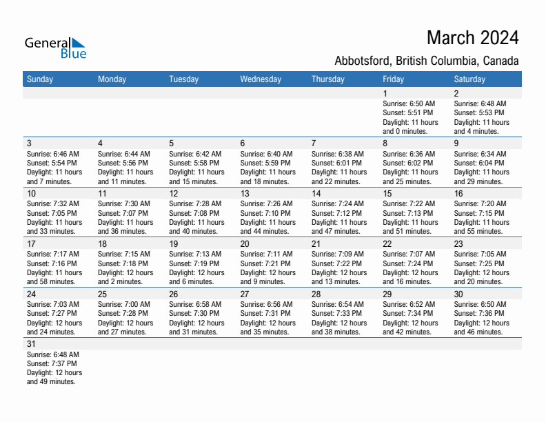 Abbotsford March 2024 sunrise and sunset calendar in PDF, Excel, and Word