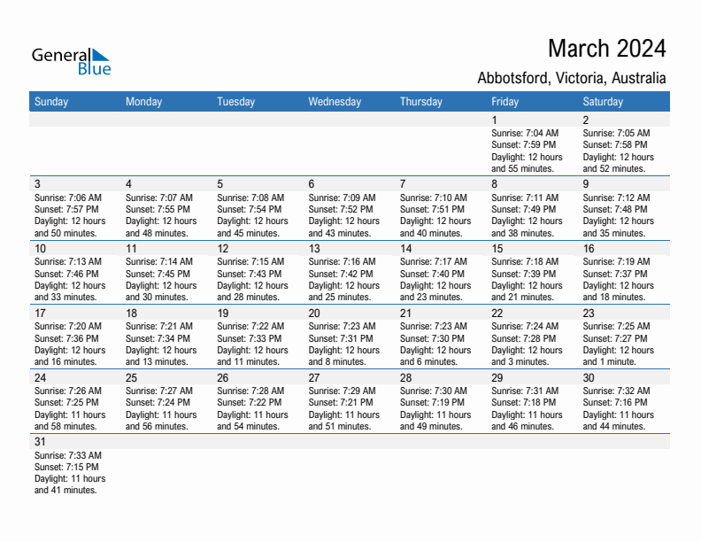 Abbotsford March 2024 sunrise and sunset calendar in PDF, Excel, and Word