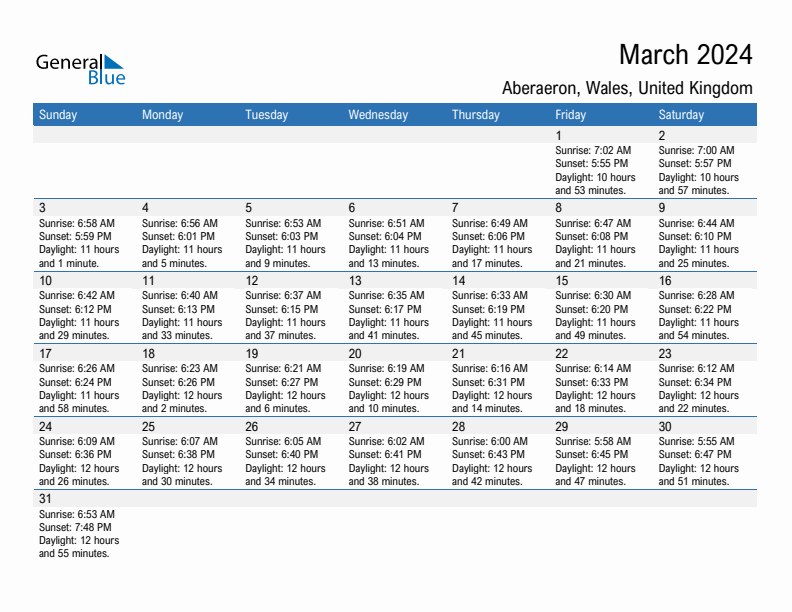 Aberaeron March 2024 sunrise and sunset calendar in PDF, Excel, and Word