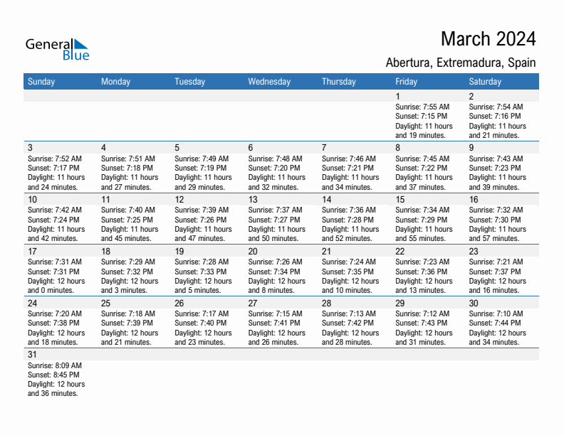 Abertura March 2024 sunrise and sunset calendar in PDF, Excel, and Word