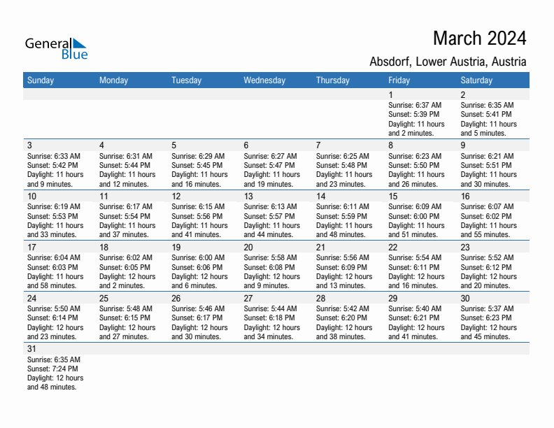 Absdorf March 2024 sunrise and sunset calendar in PDF, Excel, and Word