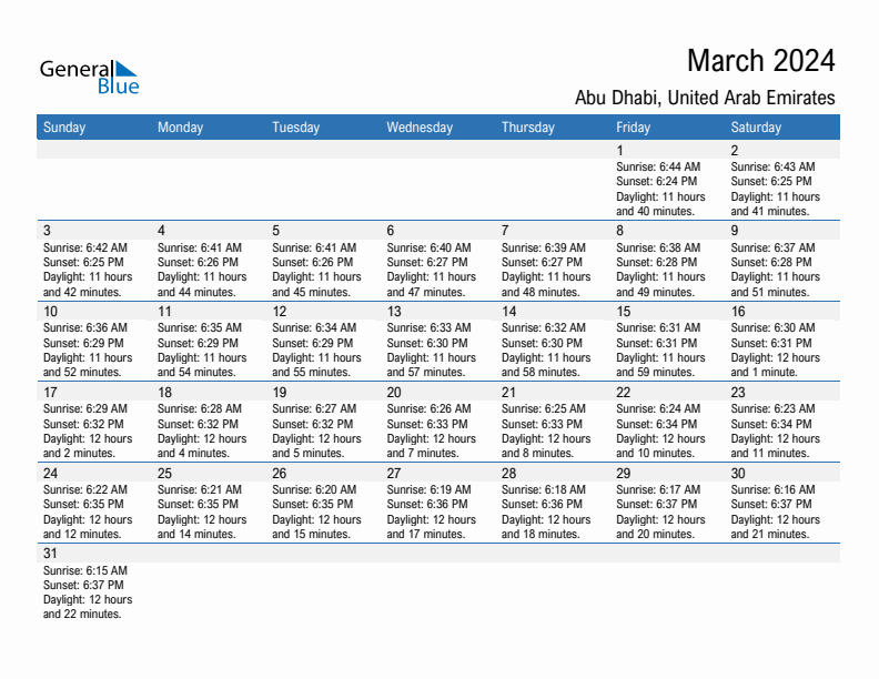 Abu Dhabi March 2024 sunrise and sunset calendar in PDF, Excel, and Word