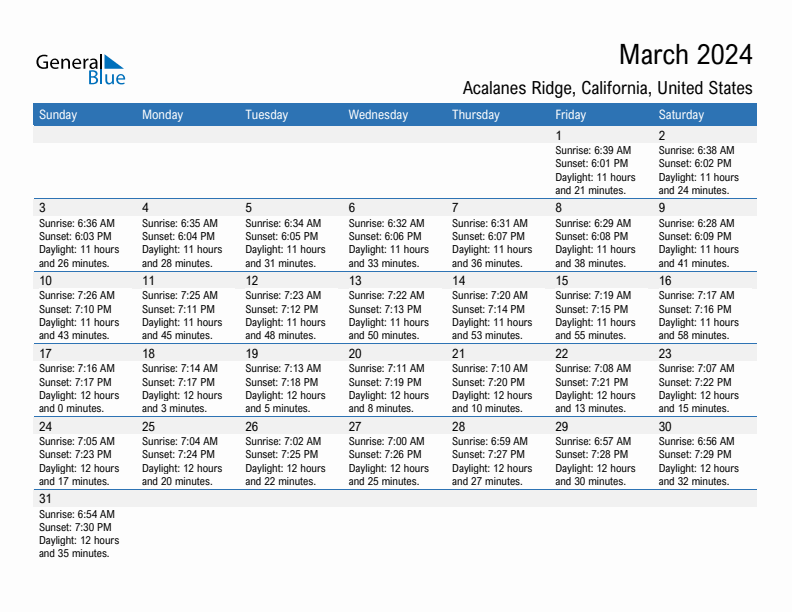 Acalanes Ridge March 2024 sunrise and sunset calendar in PDF, Excel, and Word