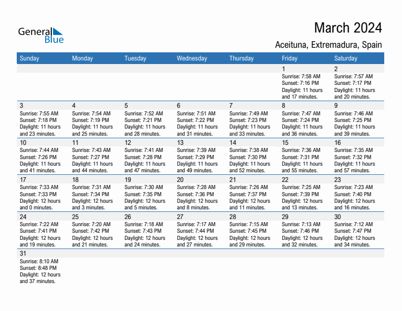 Aceituna March 2024 sunrise and sunset calendar in PDF, Excel, and Word