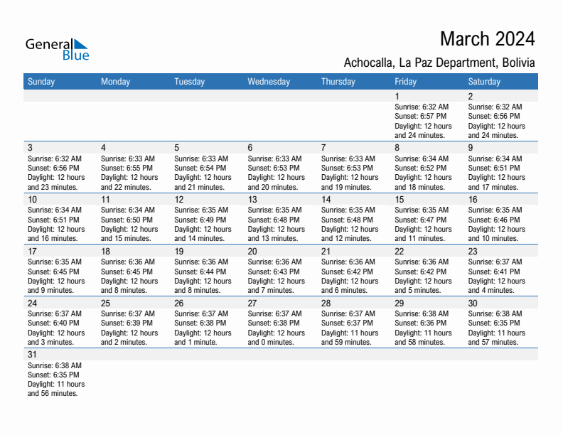 Achocalla March 2024 sunrise and sunset calendar in PDF, Excel, and Word