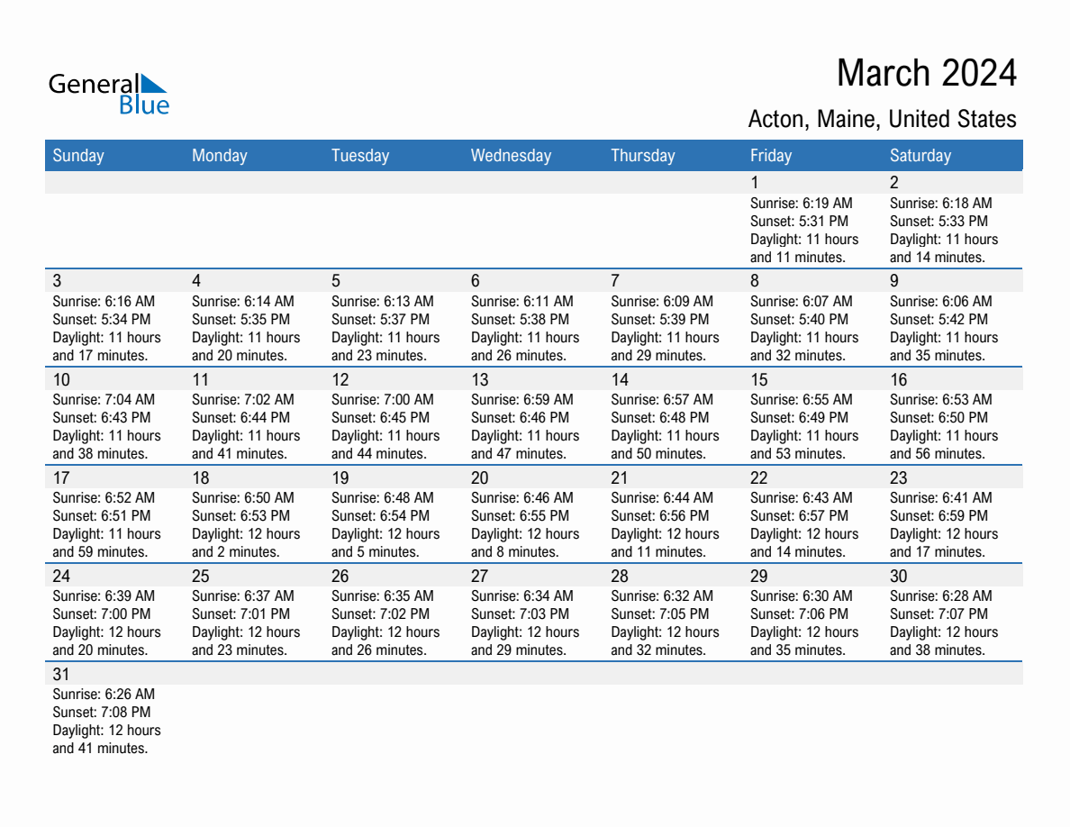 March 2024 Sunrise and Sunset Calendar for Acton (PDF, Excel, Word)