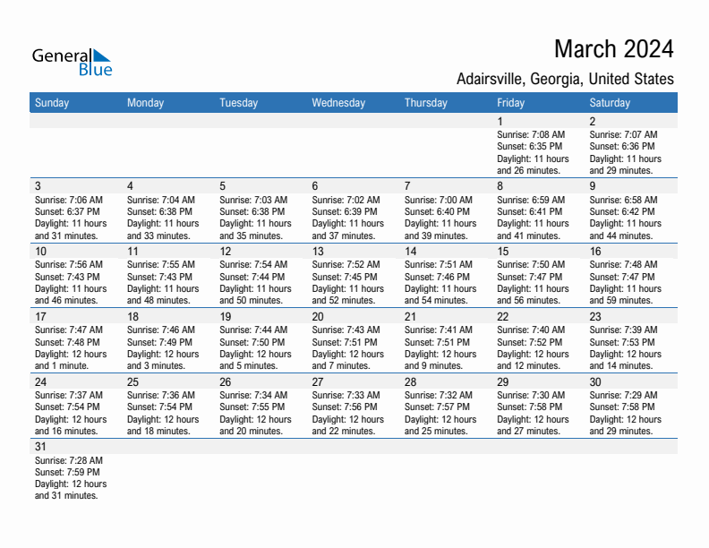 Adairsville March 2024 sunrise and sunset calendar in PDF, Excel, and Word