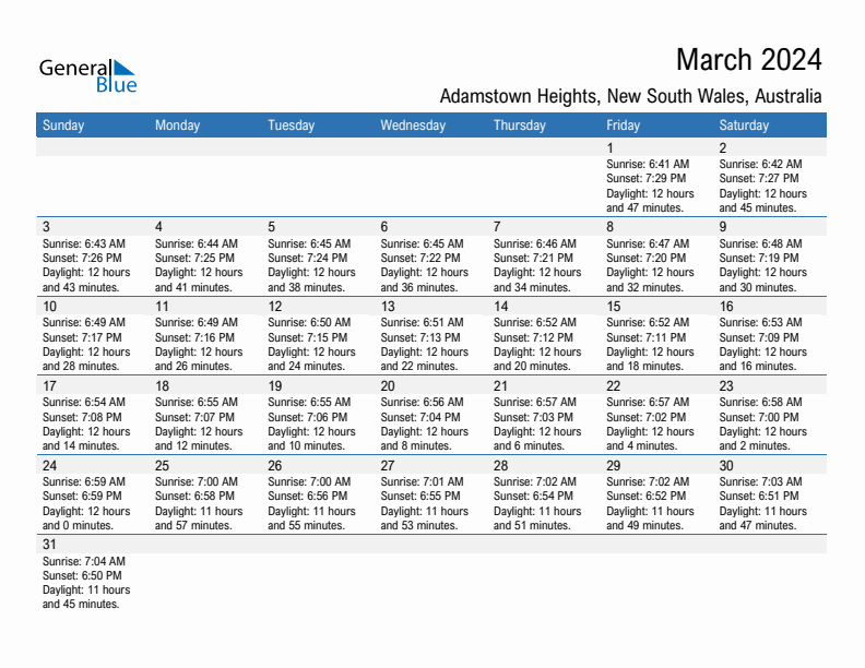 Adamstown Heights March 2024 sunrise and sunset calendar in PDF, Excel, and Word