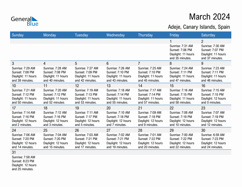 Adeje March 2024 sunrise and sunset calendar in PDF, Excel, and Word