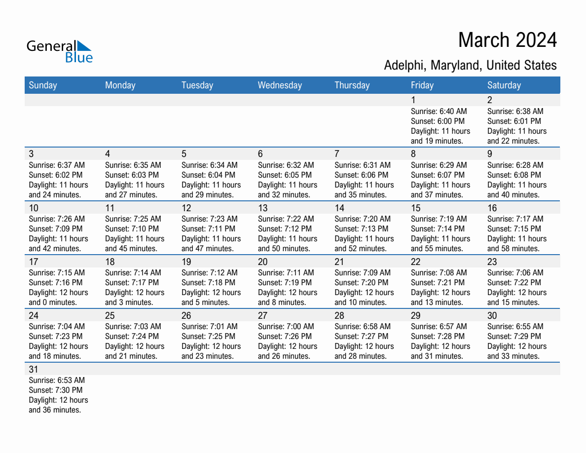 March 2024 Sunrise and Sunset Calendar for Adelphi (PDF, Excel, Word)