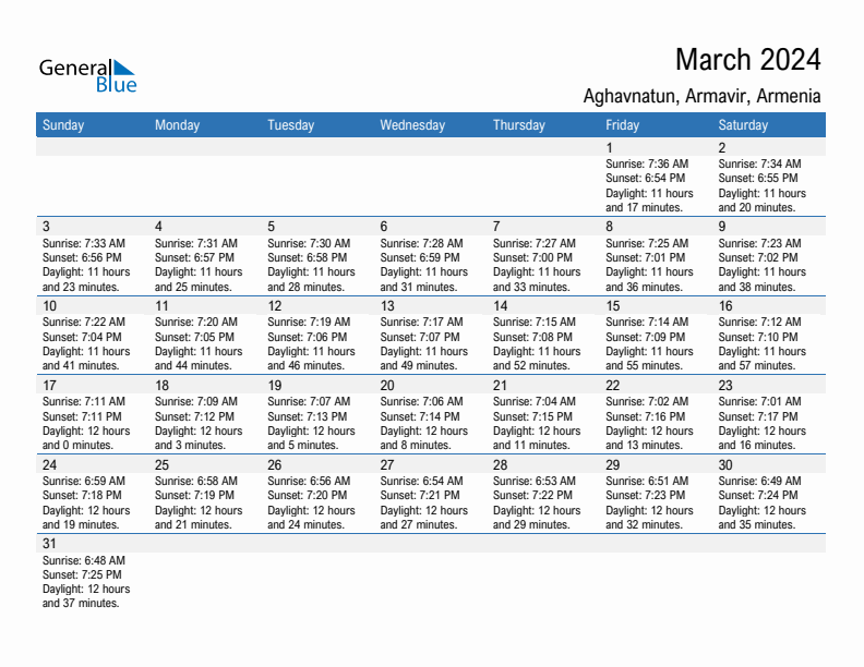 Aghavnatun March 2024 sunrise and sunset calendar in PDF, Excel, and Word
