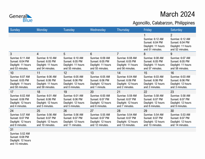 Agoncillo March 2024 sunrise and sunset calendar in PDF, Excel, and Word