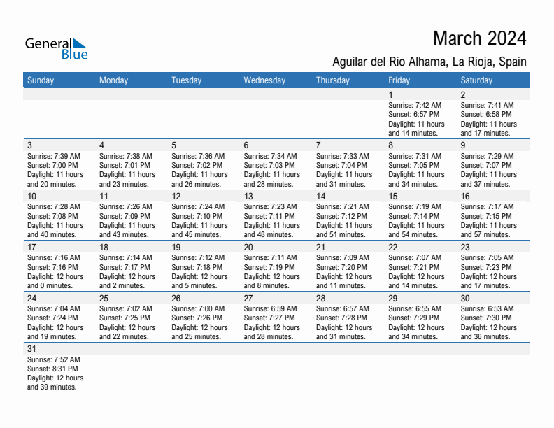 Aguilar del Rio Alhama March 2024 sunrise and sunset calendar in PDF, Excel, and Word