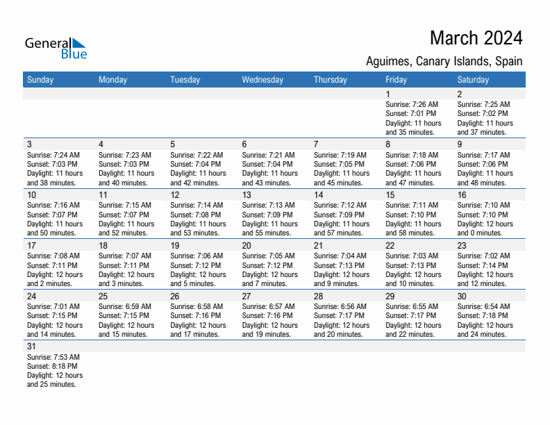 Aguimes March 2024 sunrise and sunset calendar in PDF, Excel, and Word