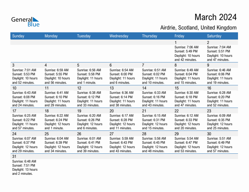 Airdrie March 2024 sunrise and sunset calendar in PDF, Excel, and Word