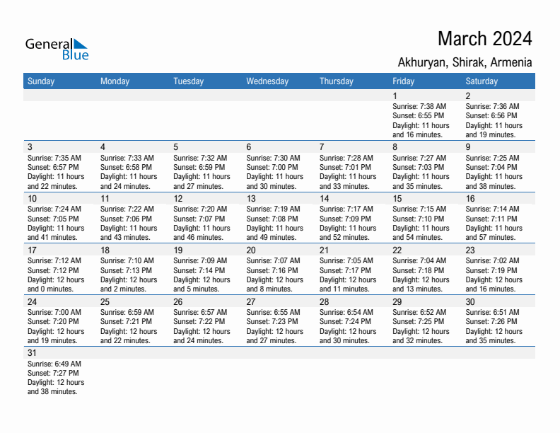 Akhuryan March 2024 sunrise and sunset calendar in PDF, Excel, and Word