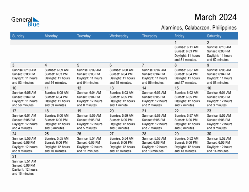 Alaminos March 2024 sunrise and sunset calendar in PDF, Excel, and Word