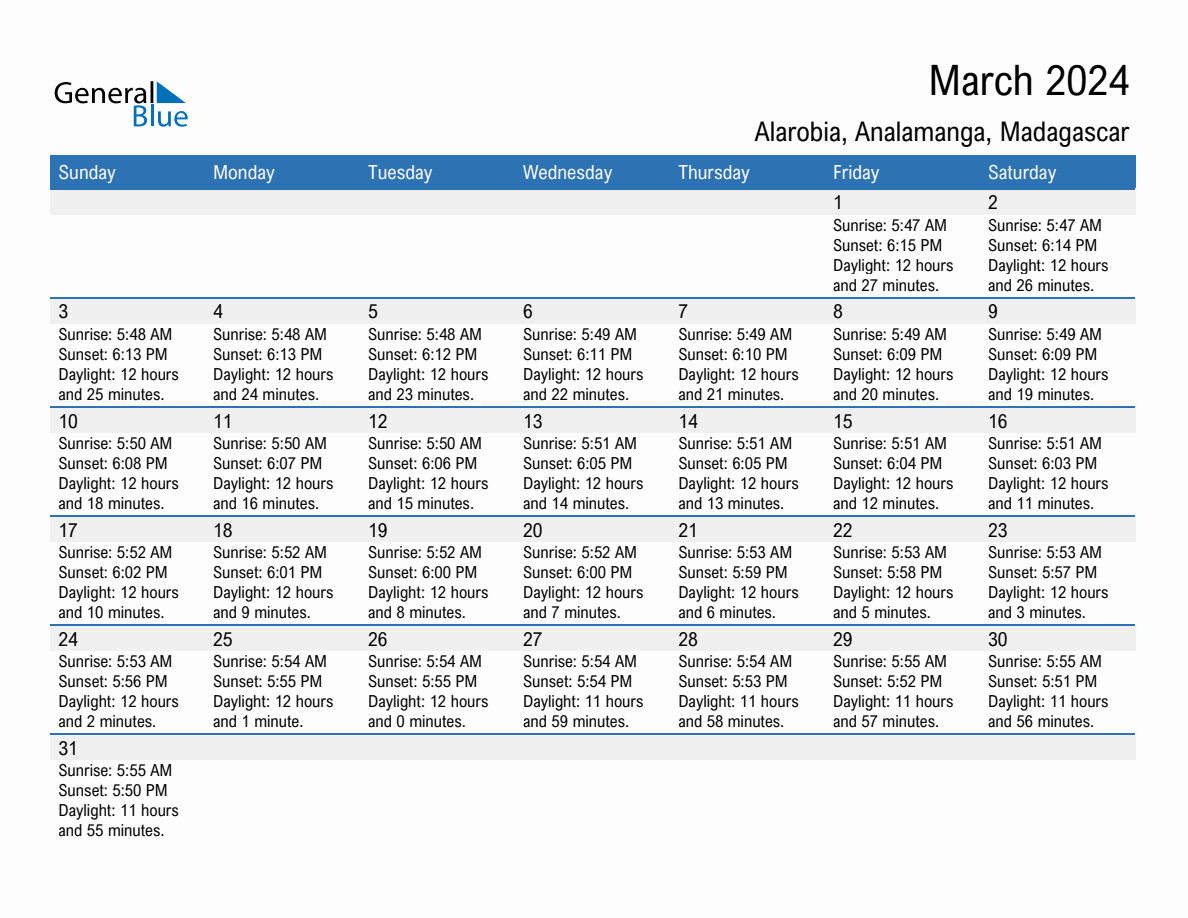 March 2024 sunrise and sunset calendar for Alarobia