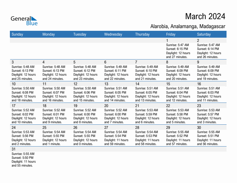 Alarobia March 2024 sunrise and sunset calendar in PDF, Excel, and Word