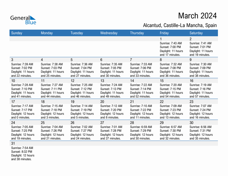 Alcantud March 2024 sunrise and sunset calendar in PDF, Excel, and Word