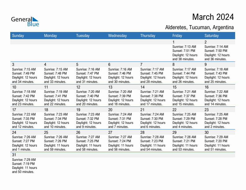 Alderetes March 2024 sunrise and sunset calendar in PDF, Excel, and Word