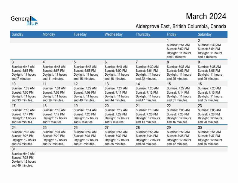 Aldergrove East March 2024 sunrise and sunset calendar in PDF, Excel, and Word