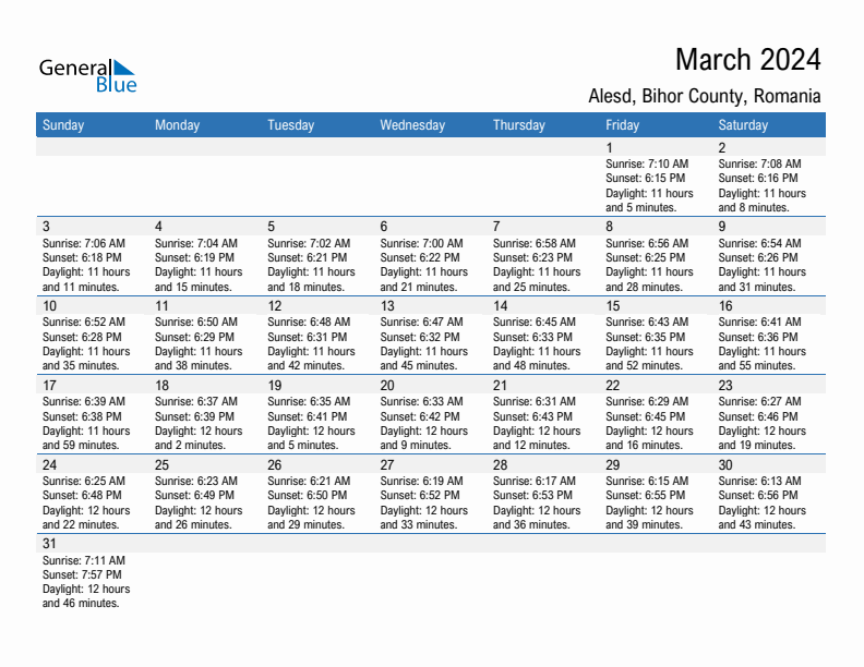 Alesd March 2024 sunrise and sunset calendar in PDF, Excel, and Word