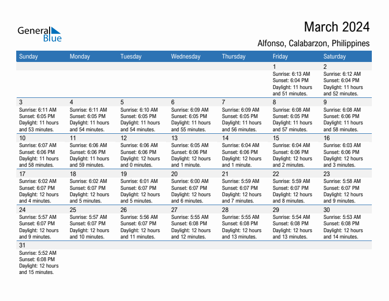 Alfonso March 2024 sunrise and sunset calendar in PDF, Excel, and Word