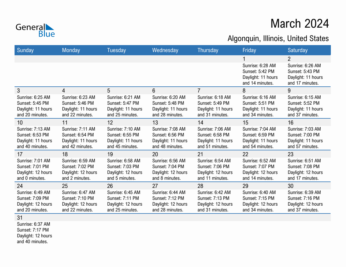 March 2024 Sunrise and Sunset Calendar for Algonquin (PDF, Excel, Word)