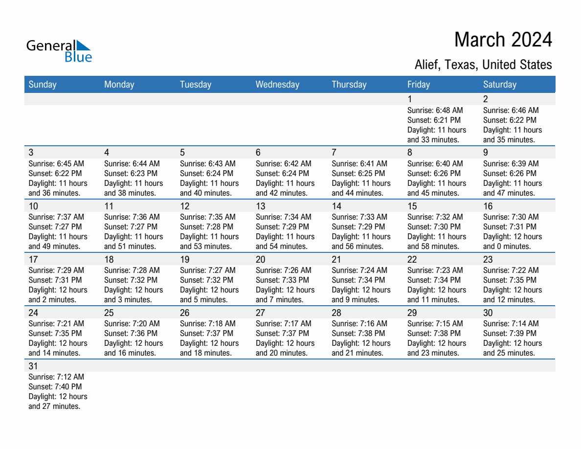 March 2024 Sunrise and Sunset Calendar for Alief (PDF, Excel, Word)