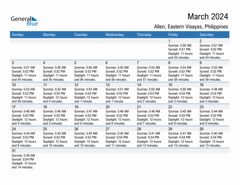 Allen March 2024 sunrise and sunset calendar in PDF, Excel, and Word