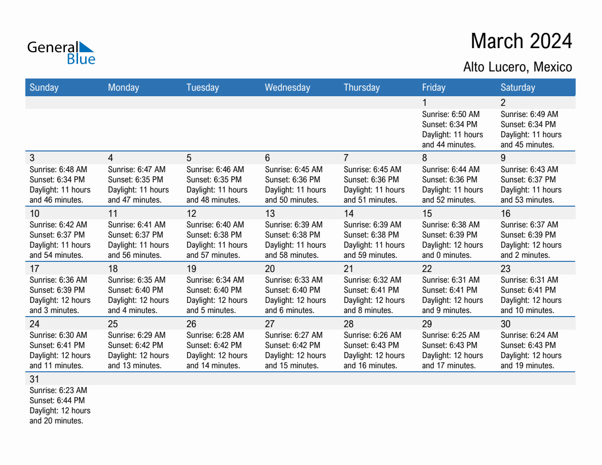 March 2024 Sunrise and Sunset Calendar for Alto Lucero (PDF, Excel, Word)