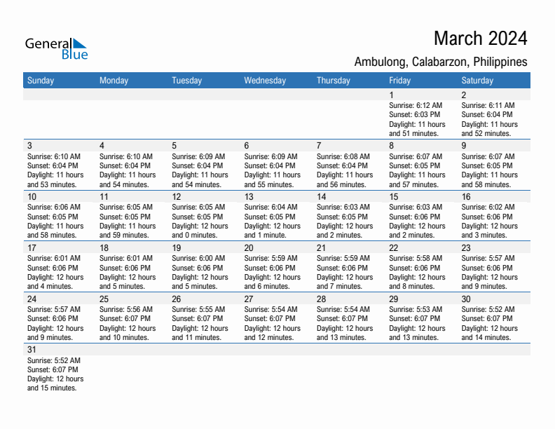 Ambulong March 2024 sunrise and sunset calendar in PDF, Excel, and Word