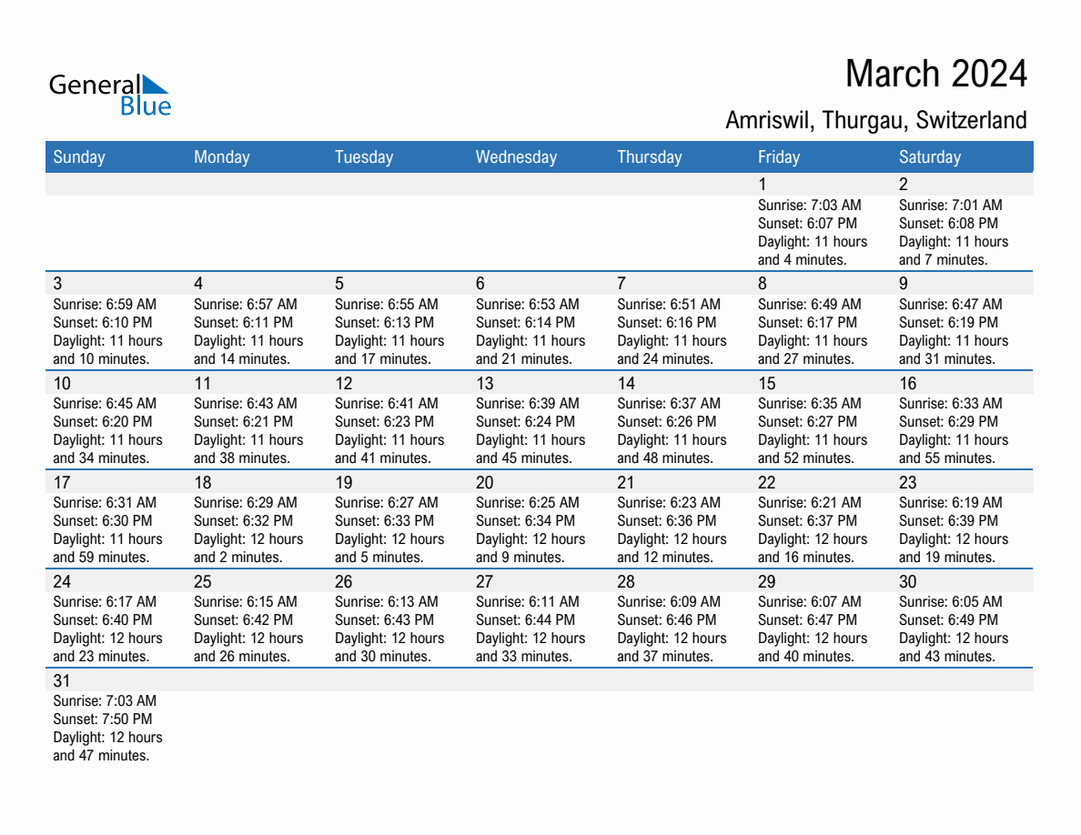 March 2024 sunrise and sunset calendar for Amriswil