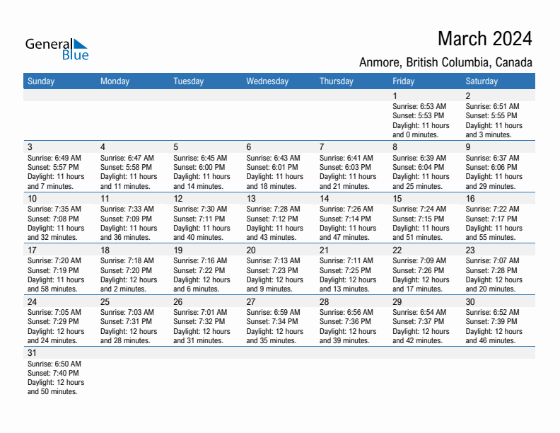Anmore March 2024 sunrise and sunset calendar in PDF, Excel, and Word
