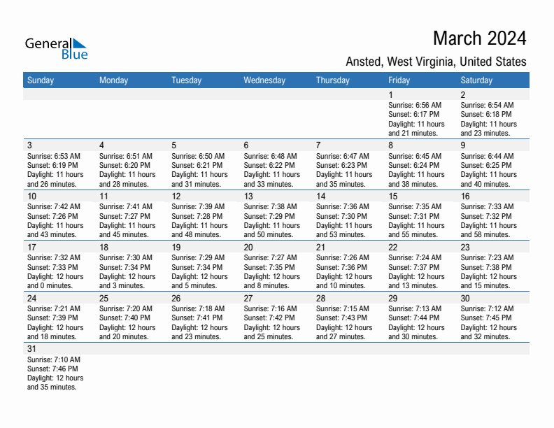 Ansted March 2024 sunrise and sunset calendar in PDF, Excel, and Word