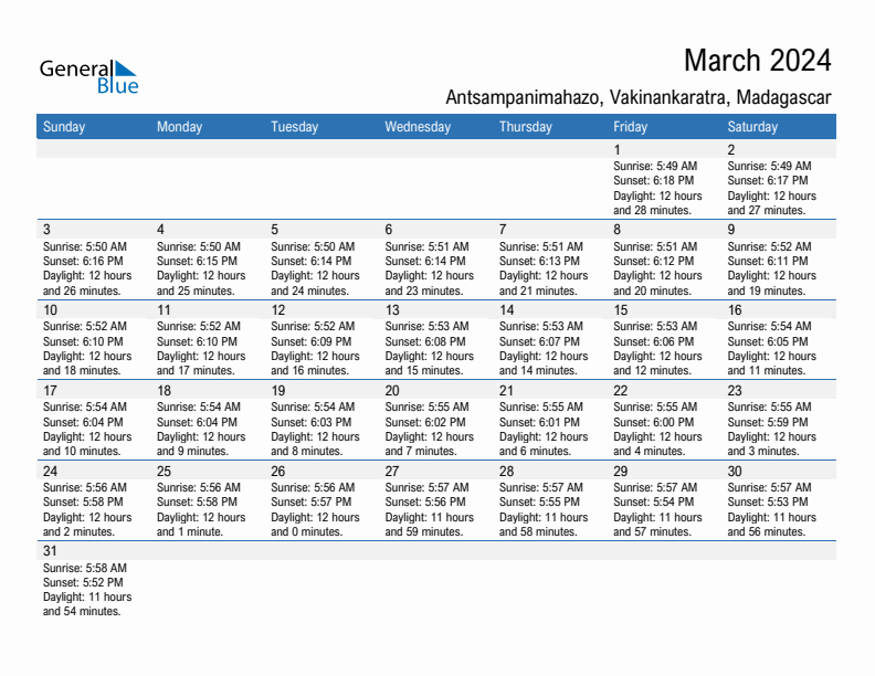Antsampanimahazo March 2024 sunrise and sunset calendar in PDF, Excel, and Word