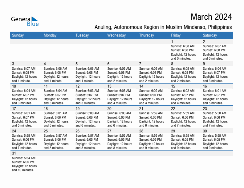 Anuling March 2024 sunrise and sunset calendar in PDF, Excel, and Word