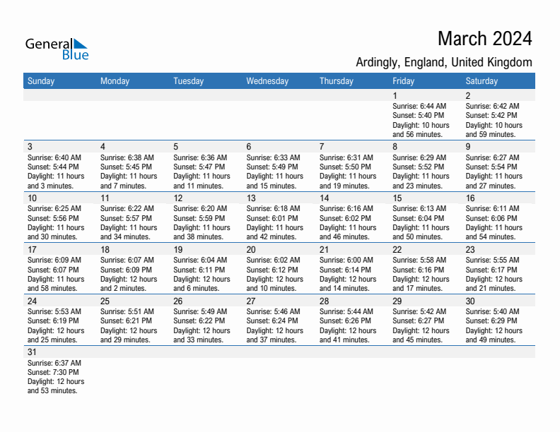 Ardingly March 2024 sunrise and sunset calendar in PDF, Excel, and Word