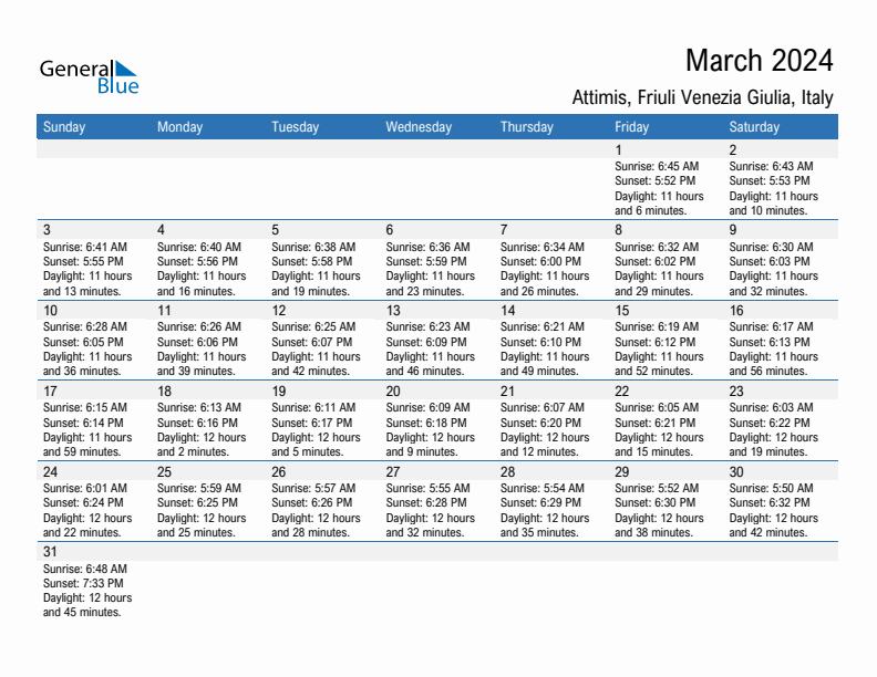 Attimis March 2024 sunrise and sunset calendar in PDF, Excel, and Word