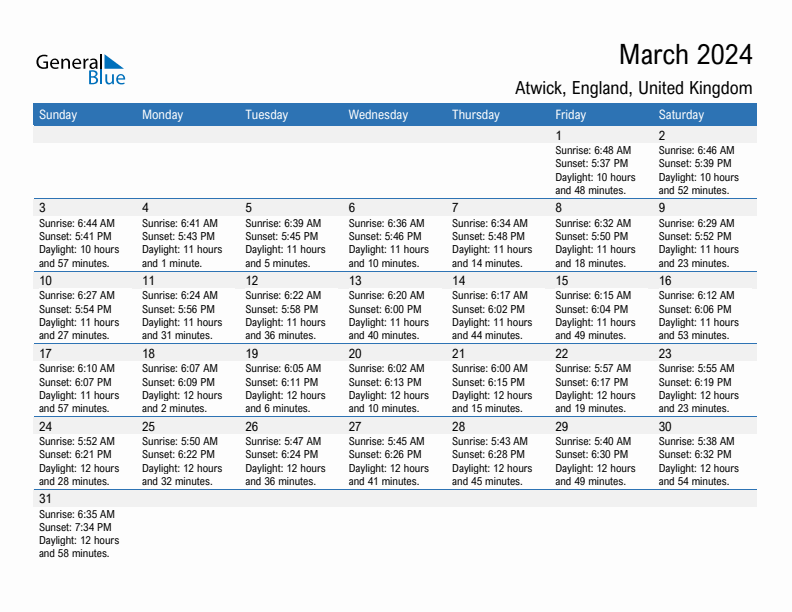 Atwick March 2024 sunrise and sunset calendar in PDF, Excel, and Word