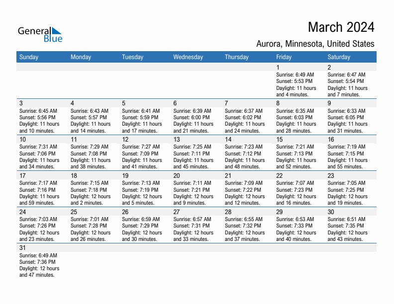 Aurora March 2024 sunrise and sunset calendar in PDF, Excel, and Word